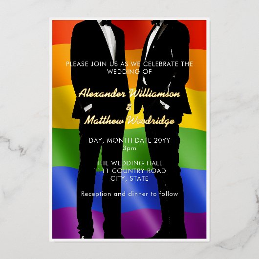 Elegante moderne schwule Männer Hochzeit Regenboge Folieneinladung (Vorderseite)