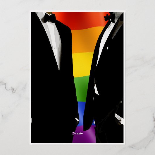 Elegante moderne schwule Männer Hochzeit Regenboge Folieneinladung (Rückseite)
