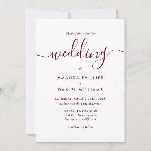 Elegante moderne Script Burgundy Wedding Einladung (Vorderseite)
