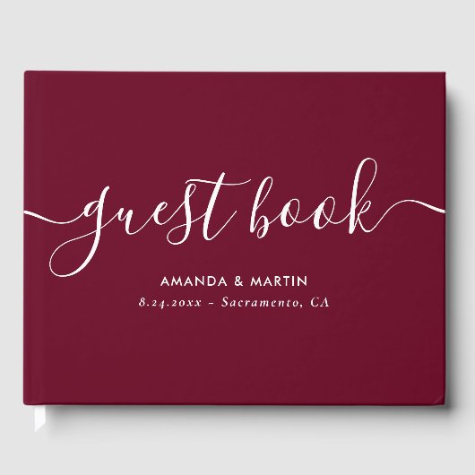 Elegante moderne Script Burgundy Wedding Gästebuch (Vorderseite)