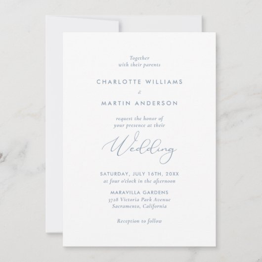 Elegante moderne Script Dusty Blue Wedding Einladung (Vorderseite)
