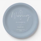 Elegante moderne Script Dusty Blue Wedding Pappteller (Vorderseite)