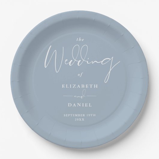 Elegante moderne Script Dusty Blue Wedding Pappteller (Vorderseite)