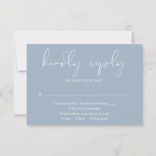 Elegante moderne Script Dusty Blue Wedding RSVP Karte (Vorderseite)