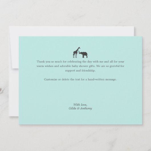 Elegante moderne Script Giraffe Elephant Baby Show Dankeskarte (Rückseite)
