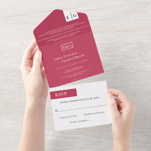 Elegante Moderne Script Magenta Monogram Wedding All In One Einladung (Abreißen)
