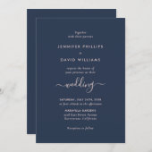 Elegante moderne Script Navy Blue and Blush Weddin Einladung (Vorne/Hinten)