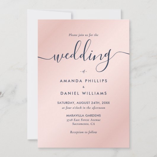 Elegante moderne Script Navy Blue and Blush Weddin Einladung (Vorderseite)