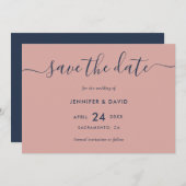 Elegante moderne Script Navy Blue and Blush Weddin Save The Date (Vorne/Hinten)