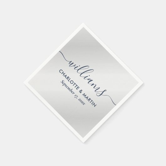 Elegante moderne Script Navy Blue und Silver Weddi Serviette (Ecke)