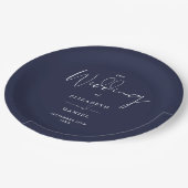 Elegante moderne Script Navy Blue Wedding Pappteller (Schrägansicht)