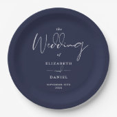 Elegante moderne Script Navy Blue Wedding Pappteller (Vorderseite)