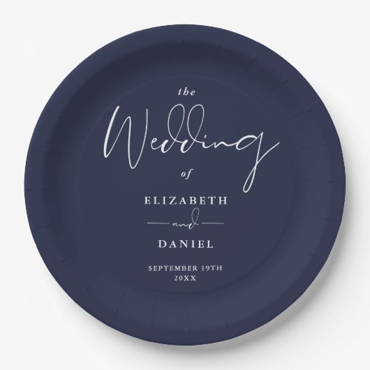 Elegante moderne Script Navy Blue Wedding Pappteller (Vorderseite)