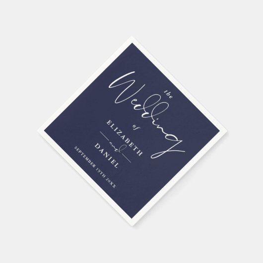 Elegante moderne Script Navy Blue Wedding Serviette (Ecke)