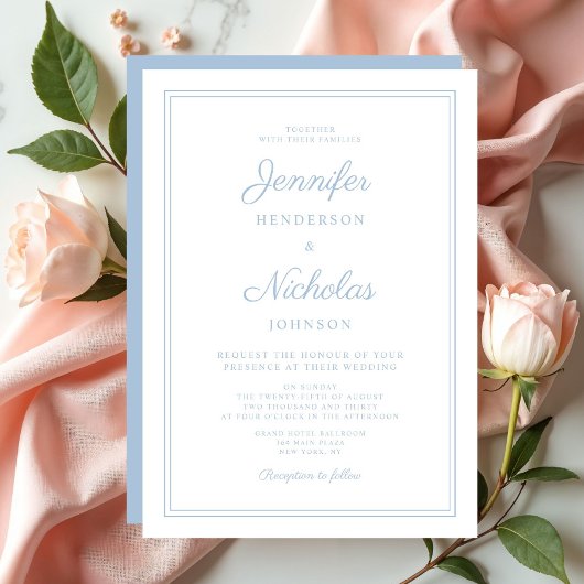 Elegante moderne Script Powder Blue Wedding Einladung