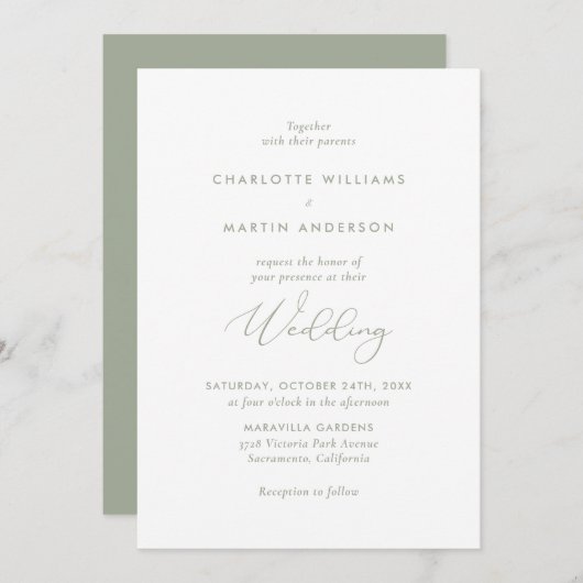 Elegante moderne Script Sage Green Wedding Einladung (Vorne/Hinten)