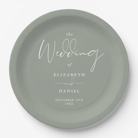 Elegante moderne Script Sage Green Wedding Pappteller (Vorderseite)