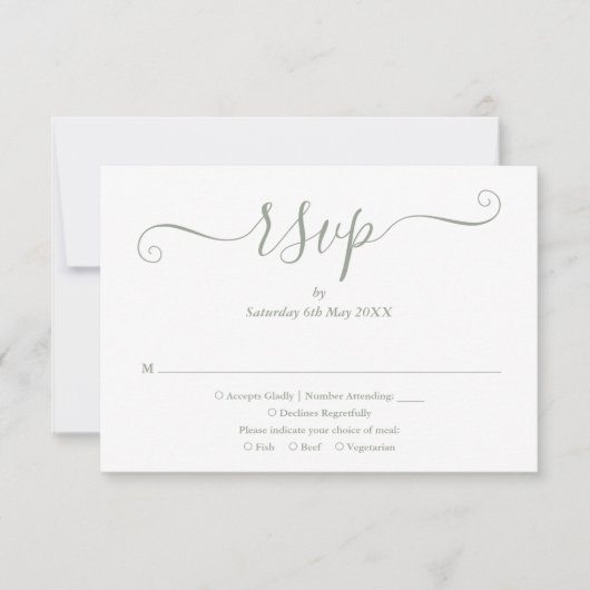 Elegante moderne Script Sage Green Wedding RSVP Karte (Vorderseite)
