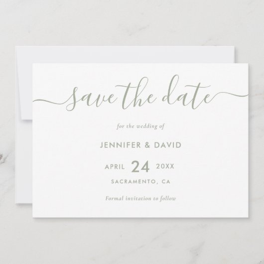 Elegante moderne Script Sage Green Wedding Save The Date (Vorderseite)