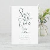 Elegante Moderne Script Smarald Green Wedding Save The Date (Stehend Vorderseite)