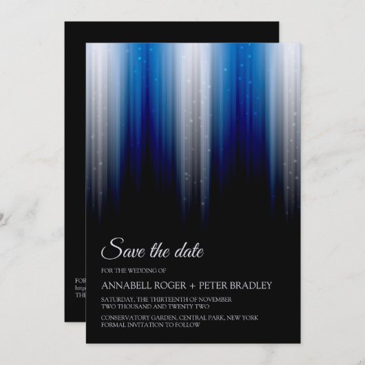 Elegante, moderne Silberblaue Hochzeit rettet das Einladung (Vorne/Hinten)