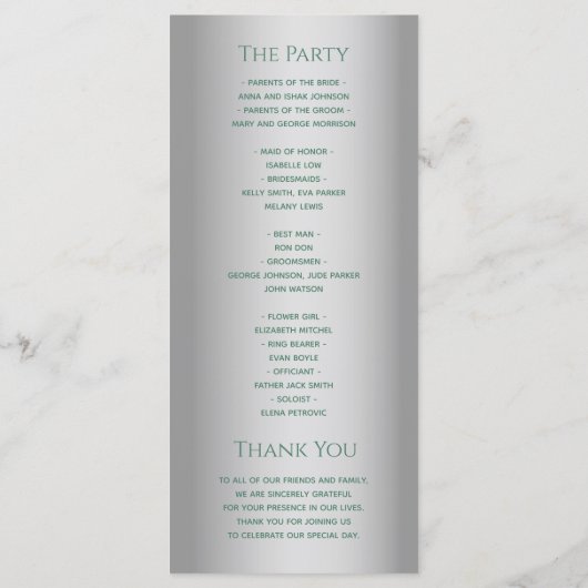 Elegante moderne Silbergrüne Hochzeit Programm (Rückseite)