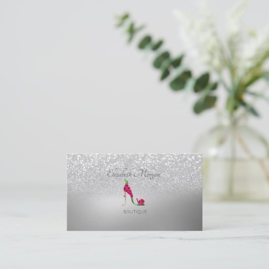 Elegante moderne, silberne Glitzer Bokeh High Heel Visitenkarte (Stehend Vorderseite)