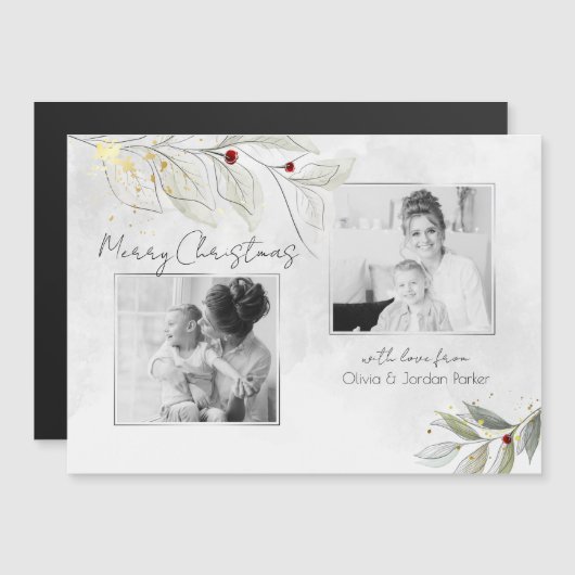 Elegante Moderne Silver Christmas Floral 2-Foto Magnetkarte (Vorne/Hinten)