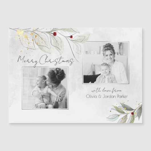 Elegante Moderne Silver Christmas Floral 2-Foto Magnetkarte (Vorderseite)