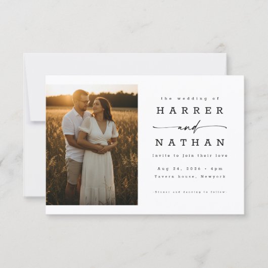 Elegante moderne Skript-Foto-QR-Code-Hochzeit Einladung (Vorderseite)