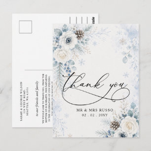 Elegante moderne staubblaue florale Winterhochzeit Postkarte