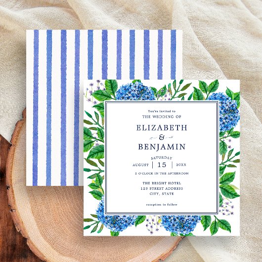 Elegante moderne Stripes Blue Hydrangeas Wedding Einladung