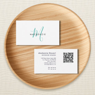 Elegante moderne tealfarbene Schriftmonogramm-QR-C Visitenkarte