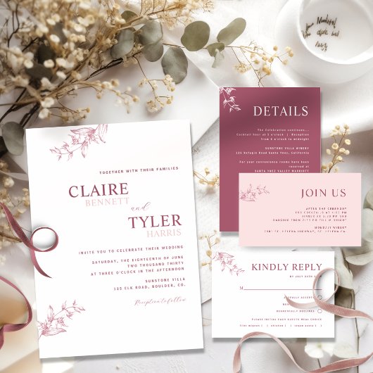 Elegante moderne und minimale Burgund, rosa Hochze Einladung