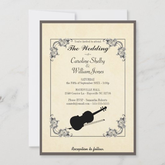 Elegante, moderne Violinhochzeit Einladung (Vorderseite)