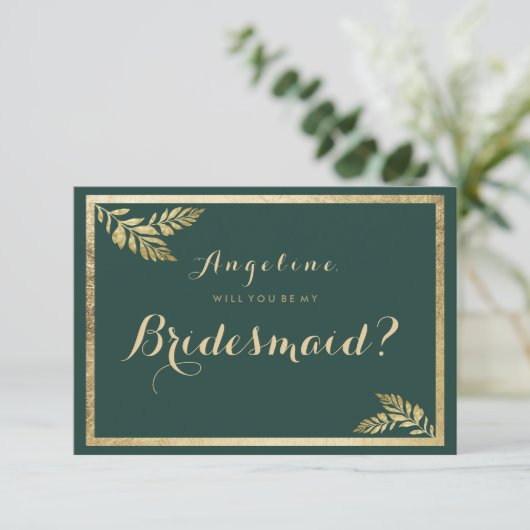 Elegante moderne waldgrüne goldene Blätter Bridesm Einladung (Stehend Vorderseite)