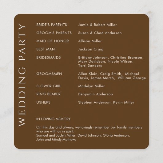 Elegante moderne Walnut Brown Wedding Programm (Rückseite)