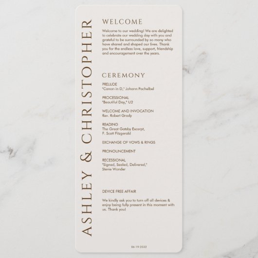 Elegante moderne Walnut Brown Wedding Programm (Vorderseite)