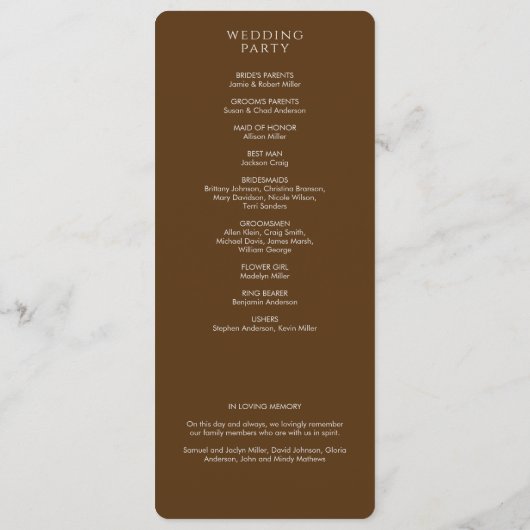 Elegante moderne Walnut Brown Wedding Programm (Rückseite)
