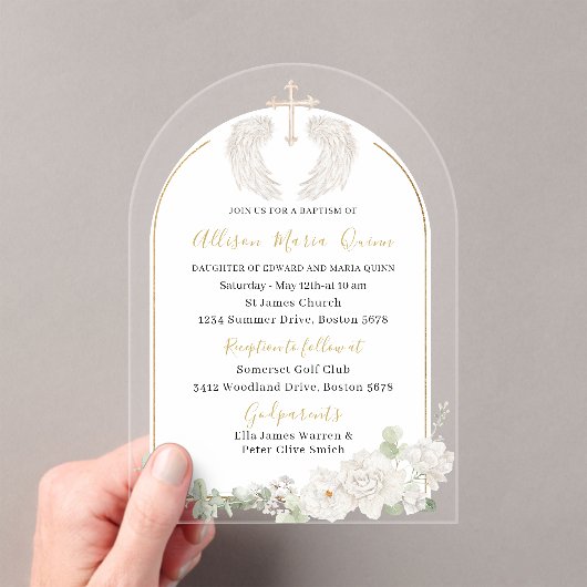 Elegante Moderne Wasserfarbe Beige Engel Taufe Inv Acryleinladungen (Insitu (Handheld))