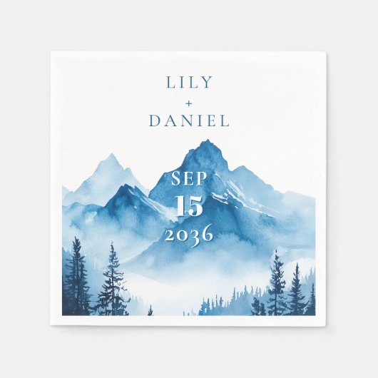Elegante Moderne Wasserfarbe Blaue Berge Hochzeit Serviette (Vorderseite)