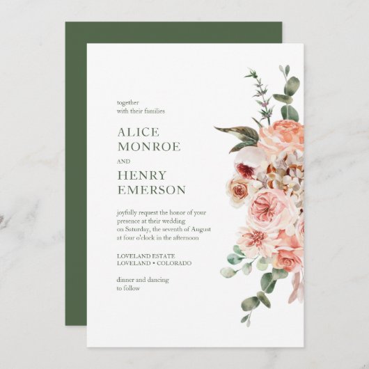 Elegante Moderne Wasserfarbe Rosa Rosen Hochzeit Einladung (Vorne/Hinten)