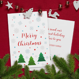 Elegante moderne Weihnachtsbäume und Schneeflocken Feiertagskarte