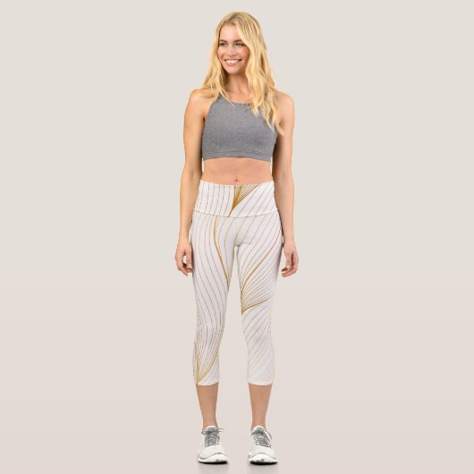 Elegante, moderne, weiße Blätter Capri Leggings (Vorderseite)