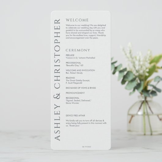 Elegante Moderne Weltraum Gray Wedding Programm (Stehend Vorderseite)