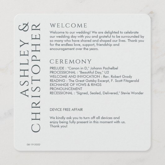 Elegante Moderne Weltraum Gray Wedding Programm (Vorderseite)
