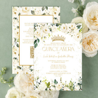 Elegante moderne White Gold Floral QR Quinceañera Einladung