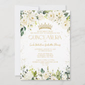 Elegante moderne White Gold Floral QR Quinceañera Einladung (Vorderseite)