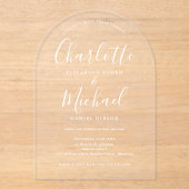 Elegante moderne White Signature Script Arch Weddi Acryleinladungen (Vorderseite)