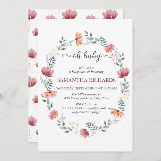 Elegante moderne Wildblume Babydusche Einladung (Vorne/Hinten)